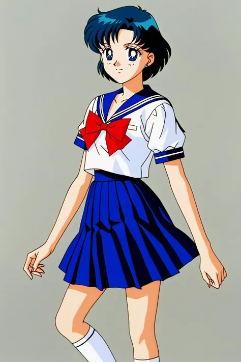 <lora:90s_pony:0.4>,<lora:add-detail-xl:0.3>,
score_9,score_8_up,score_7_up,score_6_up,score_5_up,score_4_up,source_anime,
(masterpiece,highest quality,Super detailed,8k,High resolution,an extremely delicate and beautiful,Official Art,Perfect Anatomy:1.5),((90s anime,90s anime style,Cel-shaded anime,anime screencap,anime coloring:1.25)),(solo:1.5),
perfect face,beautiful,sexy,athletic body,shiny skin,smile,
<lora:lora_XL_ponyV6_mizuno_ami_v1_pagedAdamW8bit_d32a16:1>,
sailor mercury,((mizuno ami:1.5)),short hair,bangs,blue eyes,blue hair,parted bangs,stud earrings,tareme,school uniform,serafuku,(pleated long skirt:1.13),earrings,shoes,socks,bowtie,sailor collar,black loafers,red bow,blue skirt,rimless eyewear,round ewear,retro artstyle film grain,((((cowboy_shot:1.5)))),