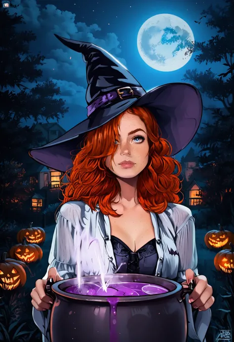 score_9, score_8_up, score_8, 1girl, full body portrait of a woman, 22 years old, ginger hair, some hair in front of an eye, hair over right eye, hair over one eye, long flowing hair, with freckles, blue eyes, eyes open, looking at the viewers, beautiful woman, black witch, witch costume, dress, bat wing sleeves, spooky witch's hat, vintage gothic goth, with a black chocker, brew a purple magic potion in a cauldron in front of her, a black cauldron with smoke in front of her, vintage colors, focus on her perfect beautiful face and make up, at midnight, full moon, photorealistic, bokeh, field of view, highly detailed, dramatic lighting, canon 5D Mark IV, photography, in frame, at night, Halloween, solo, drawing, retro, vintage, art, style, Astral Grave <lora:Pony_DetailV2.0:1> <lora:Astral Grave:1.2> <lora:pony_better freckles:1.2>