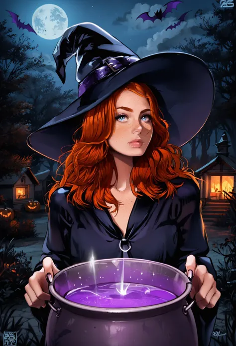 score_9, score_8_up, score_8, 1girl, full body portrait of a woman, 22 years old, ginger hair, some hair in front of an eye, hair over right eye, hair over one eye, long flowing hair, with freckles, blue eyes, eyes open, looking at the viewers, beautiful woman, black witch, witch costume, dress, bat wing sleeves, spooky witch's hat, vintage gothic goth, with a black chocker, brew a purple magic potion in a cauldron in front of her, a black cauldron with smoke in front of her, vintage colors, focus on her perfect beautiful face and make up, at midnight, full moon, photorealistic, bokeh, field of view, highly detailed, dramatic lighting, canon 5D Mark IV, photography, in frame, at night, Halloween, solo, drawing, retro, vintage, art, style, Astral Grave <lora:Pony_DetailV2.0:1> <lora:Astral Grave:1.2> <lora:pony_better freckles:1.2>