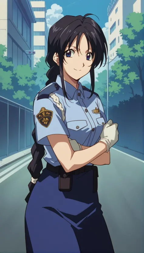 score_9,score_8_up,score_7_up,source_anime,1girl,solo,<lora:miyuki-natsumi--ponyxl:0.8>,kobayakawa miyuki,black hair,long hair,single braid,blue eyes,police uniform,long skirt,cowboy shot,outdoors,smile,white gloves,