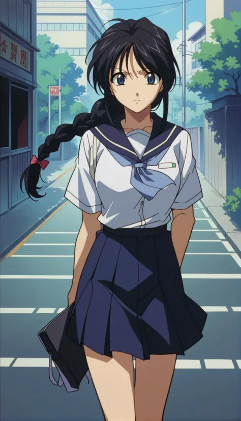 score_9,score_8_up,score_7_up,source_anime,1girl,solo,<lora:miyuki-natsumi--ponyxl:0.8>,kobayakawa miyuki,black hair,long hair,single braid,blue eyes,school uniform,street,cowboy_shot,wind lift,