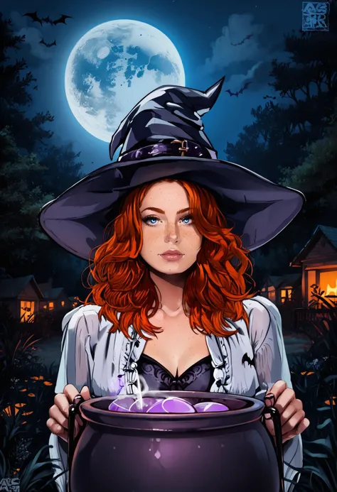 score_9, score_8_up, score_8, 1girl, full body portrait of a woman, 22 years old, ginger hair, some hair in front of an eye, hair over right eye, hair over one eye, long flowing hair, with freckles, blue eyes, eyes open, looking at the viewers, beautiful woman, black witch, witch costume, dress, bat wing sleeves, spooky witch's hat, vintage gothic goth, with a black chocker, brew a purple magic potion in a cauldron in front of her, a black cauldron with smoke in front of her, vintage colors, focus on her perfect beautiful face and make up, at midnight, full moon, photorealistic, bokeh, field of view, highly detailed, dramatic lighting, canon 5D Mark IV, photography, in frame, at night, Halloween, solo, drawing, retro, vintage, art, style, Astral Grave <lora:Pony_DetailV2.0:1> <lora:Astral Grave:1.2> <lora:pony_better freckles:1.2>