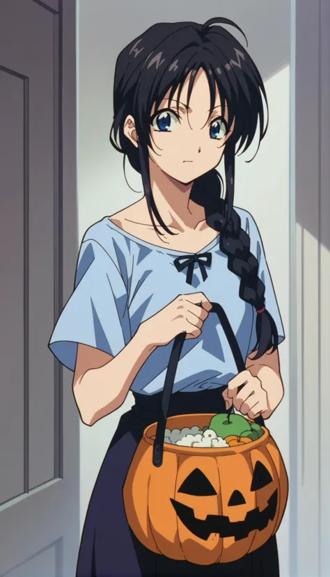 score_9,score_8_up,score_7_up,source_anime,1girl,solo,<lora:miyuki-natsumi--ponyxl:0.8>,kobayakawa miyuki,black hair,long hair,blue eyes,single braid,halloween,halloween costume,halloween bucket,cowboy shot,