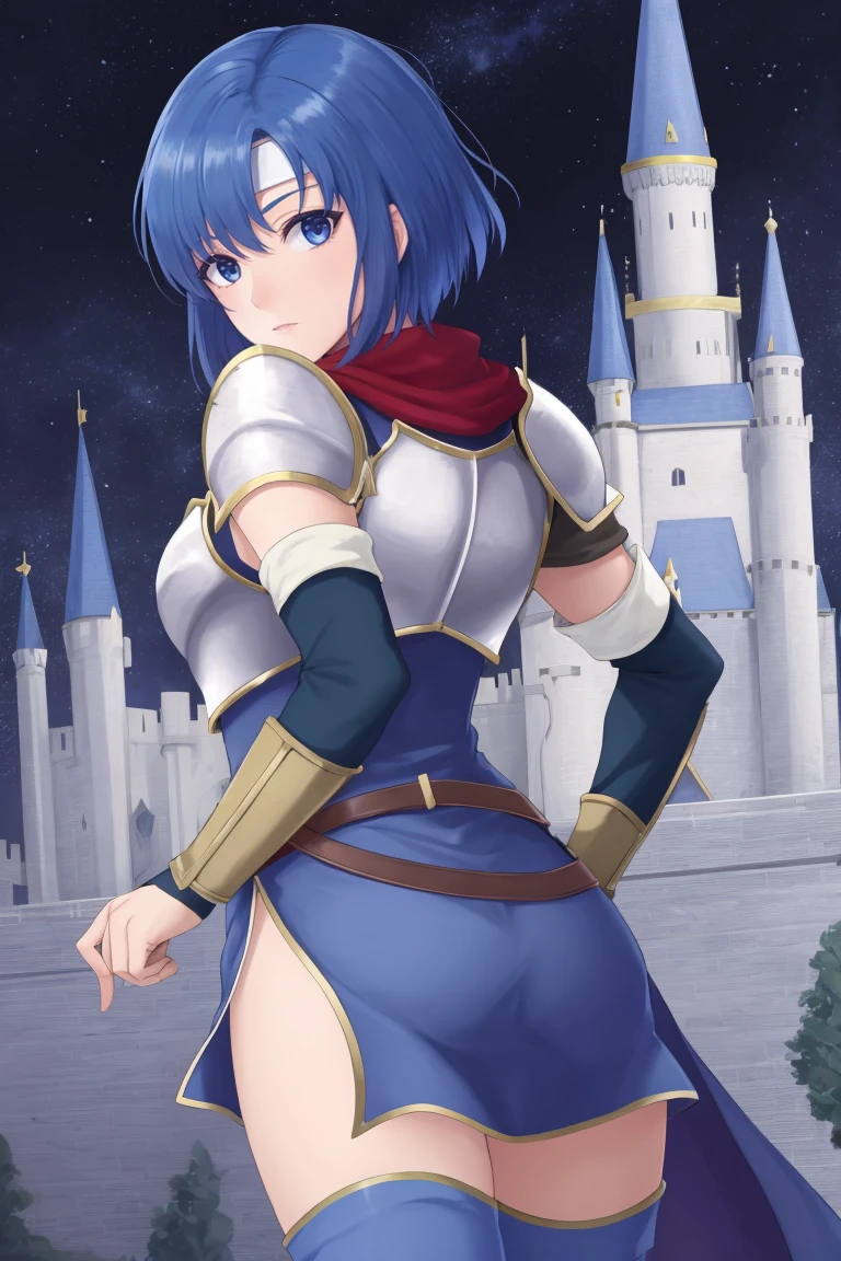 <lora:Catria-05:0.6> catria_og, 1girl, solo, looking at viewer, blue thighhighs, dress, blue elbow gloves, looking back, blue fingerless gloves, from behind, armor, hand on hip, headband, short dress, shoulder armor, pegasus knight uniform (fire emblem), (night:0.1), castle