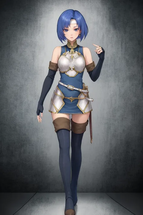 <lora:Catria-05:0.8> catria_echoes, 1girl, solo, thighhighs, gloves, dress, bare shoulders, jewelry, full body, earrings, boots, elbow gloves, belt, fingerless gloves, armor, zettai ryouiki, headband, thigh boots, short dress, breastplate