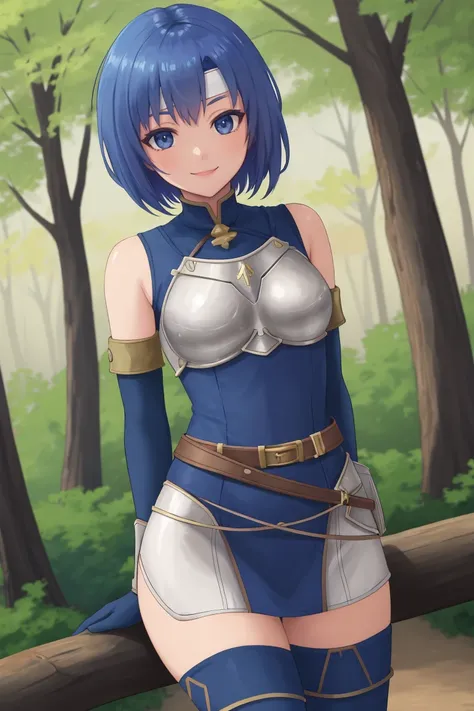 <lora:Catria-05:0.5> catria_echoes, 1girl, solo, looking at viewer, smile, blue thighhighs, dress, bare shoulders, blue elbow gloves, belt, armor, zettai ryouiki, headband, arms behind back, short dress, breastplate, nature, park, trees