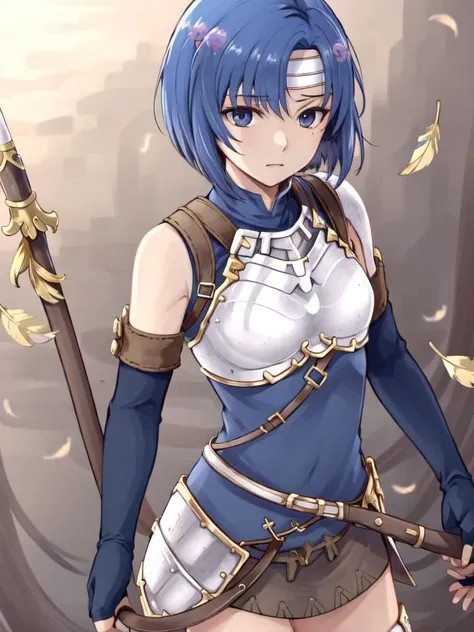 <lora:Catria_FE:1>, catria_echoes, 1girl, solo, short hair, gloves, holding, weapon, elbow gloves, fingerless gloves, armor, headband, feathers, polearm, breastplate