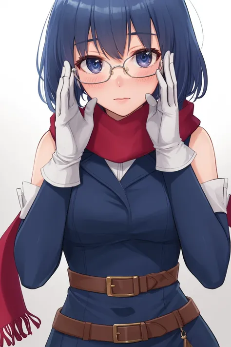<lora:Catria-05:0.4> catria, 1girl, solo, looking at viewer, blush, gloves, dress, glasses, elbow gloves, belt, white gloves, scarf, headband, bespectacled, adjusting eyewear