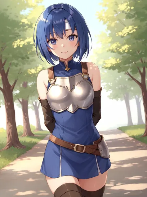 <lora:Catria_FE:0.4>, catria_echoes, 1girl, solo, looking at viewer, smile, short hair, thighhighs, gloves, dress, bare shoulders, elbow gloves, belt, armor, zettai ryouiki, headband, arms behind back, short dress, breastplate, nature, park, trees