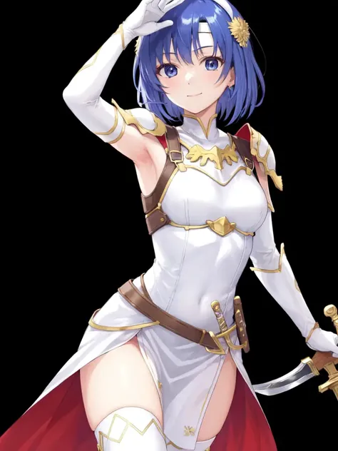 <lora:Catria_FE:0.6>, catria_white,1girl, solo, breasts, looking at viewer, smile, short hair, bangs, thighhighs, gloves, dress, holding, closed mouth, weapon, thighs, cowboy shot, sleeveless, elbow gloves, sword, white gloves, armpits, holding weapon, white dress, armor, arm up, white thighhighs, official alternate costume, sleeveless dress, headband, holding sword, shoulder armor, pelvic curtain, breastplate, white headband