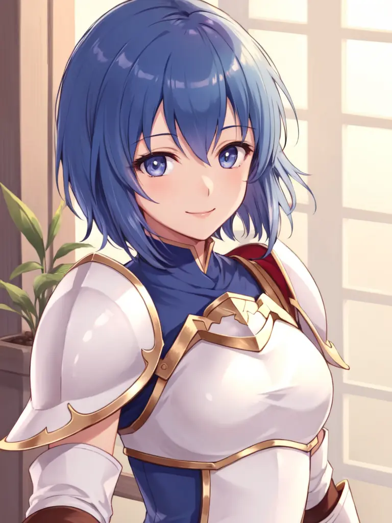 <lora:Catria_FE:0.6>, catria_white, 1girl, solo, looking at viewer, smile, short hair, bangs, gloves, upper body, white gloves, armor, dated, headband, shoulder armor, breastplate, pegasus knight uniform (fire emblem)