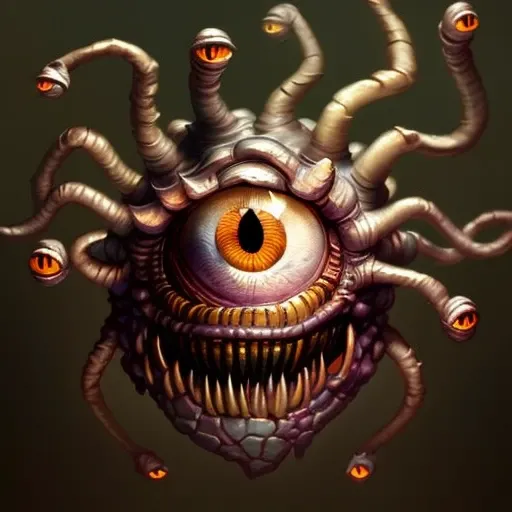 Close-up Portrait of a Beholder_Monster, Fantasy, Medieval, Volumetric lighting, concept art, brush stroke style, artstation, trending, highly detailed, art by greg rutkowski.