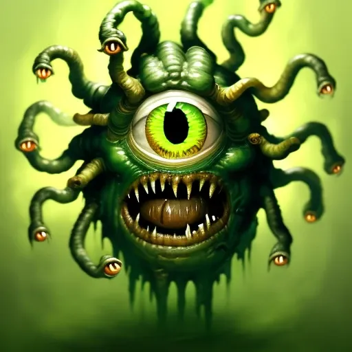 Close-up Portrait of a Cadmium green demon Ooze Ancient Rome Beholder_Monster, Volumetric lighting, concept art, brush stroke style, artstation, trending, highly detailed, art by greg rutkowski.