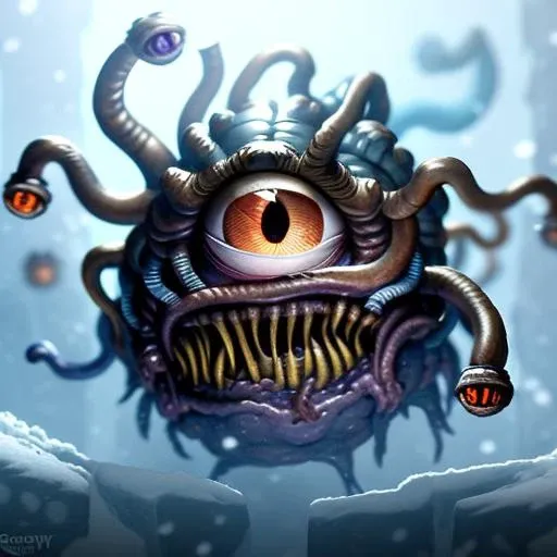 Close-up Portrait of a Beholder_Monster, Frostpunk, snow, ice, snowing:15, Volumetric lighting, concept art, brush stroke style, artstation, trending, highly detailed, art by greg rutkowski.