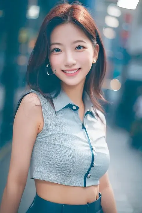 1girl, happy, smiling, (at street:1.2), ((office uniform:1.2)),night, RAW photo, (photorealistic:1.37, realistic), highly detailed CG unified 8K wallpapers, looking at viewer, (((straight from front))), (HQ skin:1.8, shiny skin), 8k uhd, dslr, soft lighting, high quality, film grain, Fujifilm XT3, ((upper body:1.6)), (professional lighting:1.6)