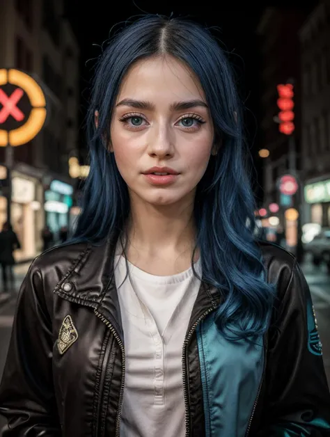 RAW Photo, professional color graded, BREAK portrait photograph of girl Jew3lzBlu, blue hair, makeup, eyeliner, (wearing cyberpunk jacket), ((neon street background)), sharp focus, HDR, 8K resolution, intricate detail, sophisticated detail, depth of field, analogue RAW DSLR, photorealistic, looking at viewer, <lora:detailed_eye:0.8>, <lora:Jew3lzBlu:0.85>, <lora:quickfix:1>