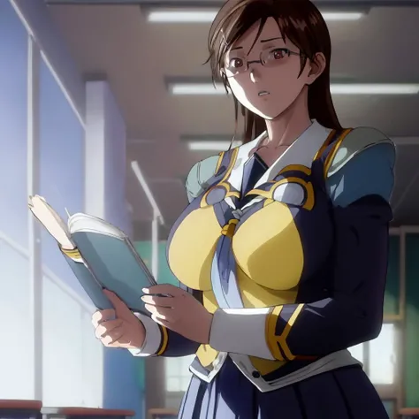 kaneda_maiko, school uniform,  brown hair,  large breasts, glasses, standing, classroom, close-up,   <lora:kaneda_maiko_v1:0.8>, masterpiece, best quality