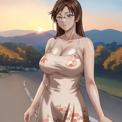 kaneda_maiko, brown hair, large breasts, glasses, floral dress, park, sunset <lora:kaneda_maiko_v1:0.8>, masterpiece, best quality