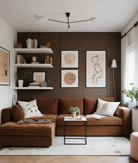 , <lora:NostromoStyleAIv2:1> nostromostyleai, girlish living room, small room, Two-person sofa, plan of a house, brown sofa, white wall,
