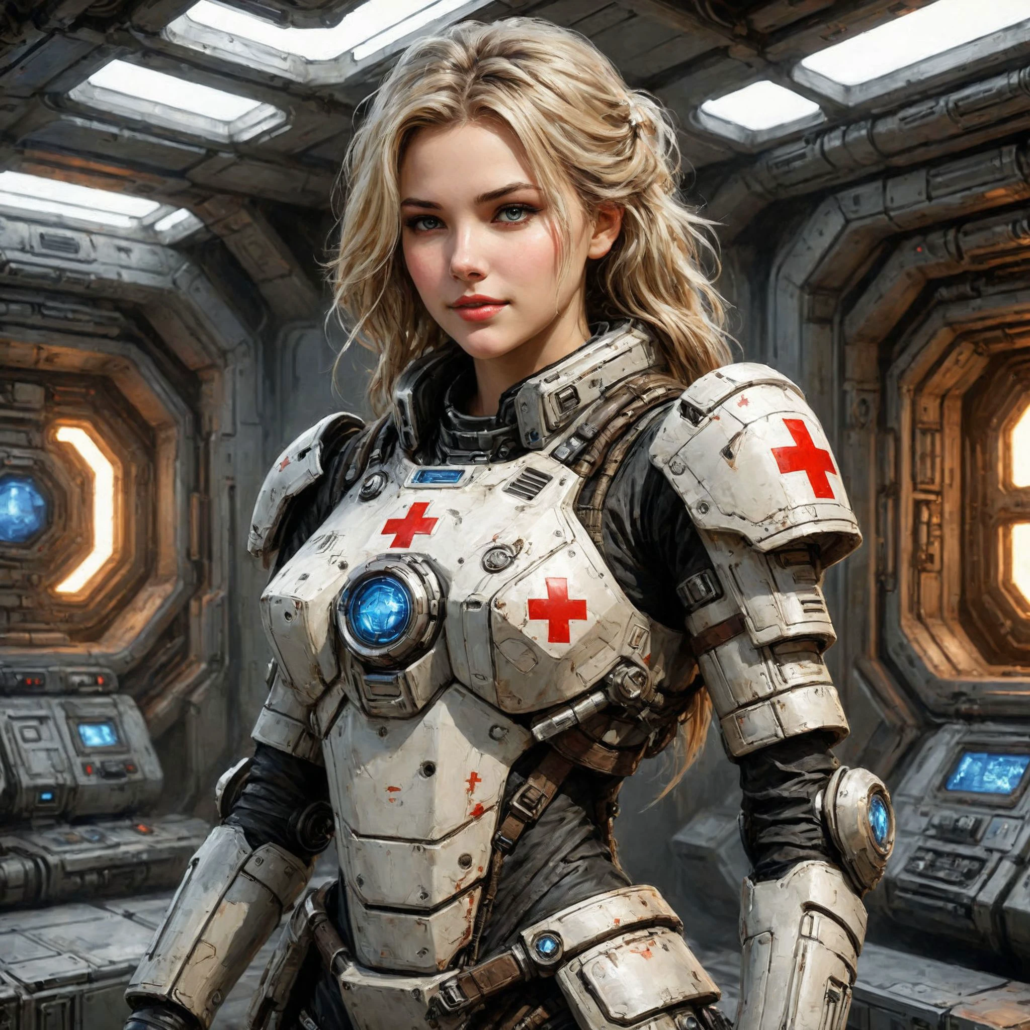 An digital illustration (full shot:1.5) drawing masterpiece with intricate details and the best quality in the (starcraft) comics-style art by, (Dorian Cleavenger:1.2) and (luis royo) a young attractive girl, round cute face and long blonde sleek (straight hair:1.2) style, round lips with dark highlights, light blue eyes with dark makeup with long eyelashes. she is a marine (combat medic) wearing white heavly armored tactical high-tech advanced (heavy) (bulky) armored worn (power armor) massive oversized pauldrons with red cross emblem, standing in futuristic spacestation command center, she is (smiling warmly) with her hands on hips <lora:LaxpeintXL-2.0:0.8> <lora:add-detail-xl:0.8> <lora:NostromoStyleAIv2p:0.8> nostromostyleai