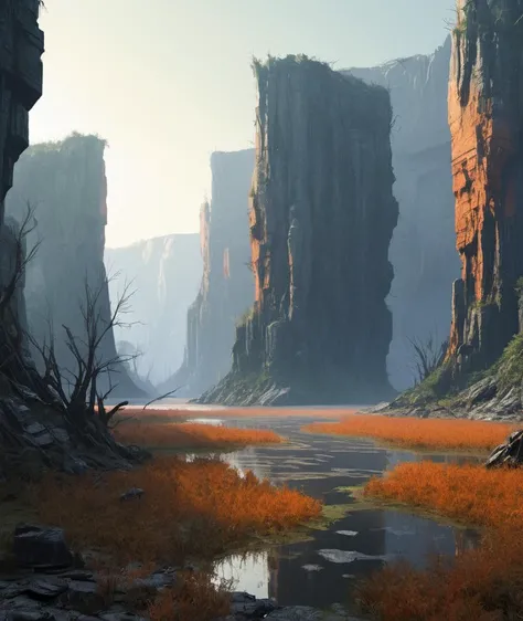 , <lora:NostromoStyleAIv2:1> nostromostyleai,        swamp valley surrounded by high rocky cliffs, dawn,