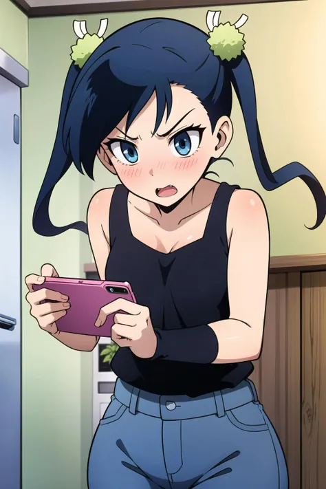 <lora:hibachiv1:0.7>, twintails, 1girl, blue hair, blush, open mouth, solo, hair ornament, blue eyes, shocked expression, holding phone, looking down at phone