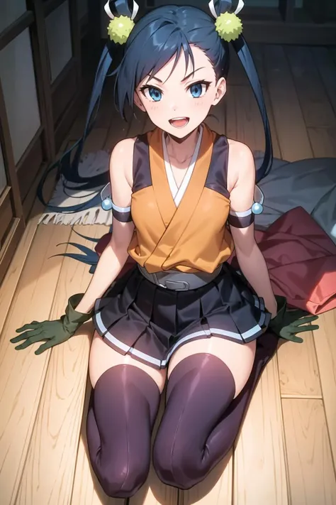 <lora:hibachiv1:0.7>, 1girl, solo, thighhighs, twintails, gloves, hair bobbles, skirt, hair ornament, long hair, blue hair, blue eyes, open mouth, zettai ryouiki, black hair, japanese clothes, smile