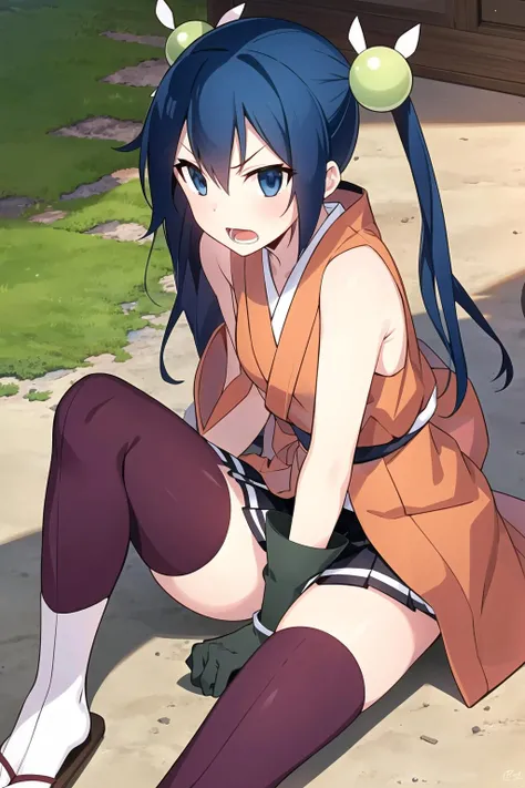 <lora:hibachiv1:0.7>, 1girl, solo, thighhighs, twintails, gloves, hair bobbles, skirt, hair ornament, long hair, blue hair, blue eyes, open mouth, zettai ryouiki, black hair, japanese clothes