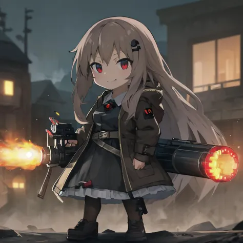 , absurdres, high detail, 4k,
outdoors, stone, wasteland, sky,
holding cannon, gunfire, explosion, serious, smug face,
chibi, marfusha, long hair, hairclip, brown coat, hooded coat, long sleeves, brooch, shotgun shell, black dress, belt, frills, brown pantyhose, black footwear
<lora:game-marfushasg-marfusha-t1:0.9>
