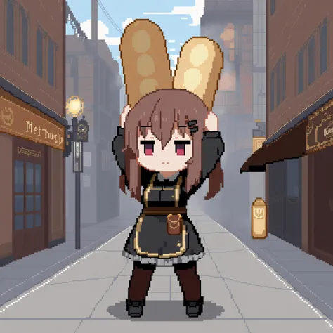 masterpiece, absurdres, high detail, 8k, pixel art,
steampunk city, street, steam, fog,
standing, arms up, holding baguette, huge object, frown, jitome, closed mouth,
(chibi1.2), marfusha, hairclip, hairclip, black dress, collared shirt, long sleeves, frills, black pantyhose, black footwear, apron,
<lora:XL_Animagine_game-marfushasg-marfusha-t1:0.9>