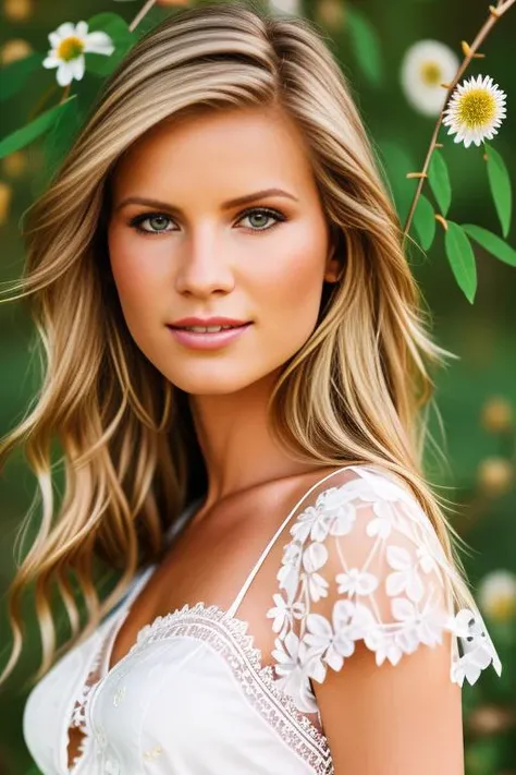 <lora:MarketaB:0.6>, Highly Realistic body portrait of Marketa B woman with ((hazel eyes)) and blonde hair style, ((facing front)) (Detailed Face:1.1), Beautiful, perfect eyes, seductive, (highly detailed skin:1.1), Perfect Body, PHOTOREALISTIC, soft lighting, sexy pose, professional photography, ((wearing a white lace shirt)), (standing in a forest grass field with wild flowers background), blurred background, RAW, analog, sharp focus, 8k, DSLR, high quality, Fujifilm XT3, grain, award winning,