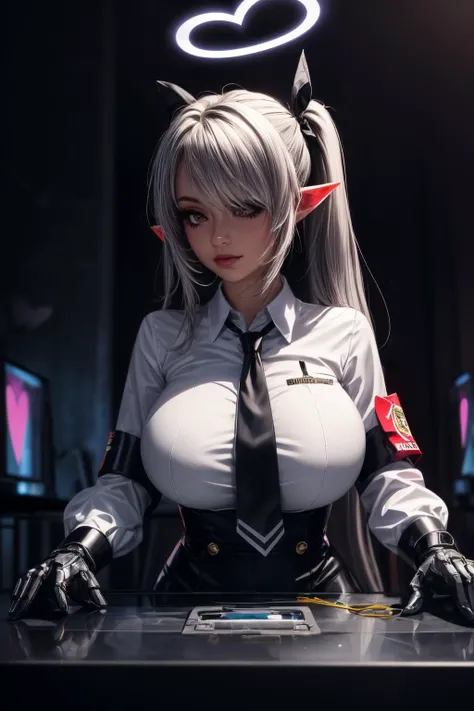 (ultra realistic,32k,RAW photo:1.1),(high detailed skin:1.1), 8k uhd, dslr, high quality, film grain, (makeup, mascara:1.1), lips,(thick\lips\),
(shiny glossy translucent clothing:1.1), <lora:iori_ba:0.7>iori ba, 1girl, gloves, ribbon, heart hands, long hair, black gloves, collared shirt, halo, white shirt, solo, shirt, long sleeves, armband, heart, pointy ears, black necktie, necktie, <lora:add_detail:0.87>, huge breast,
Jumping with arms raised, (upper body:1.1)
(busty:1.1) , (chubby:0.1),(tenebrism:1.2),<lora:LowRA:0.4>, dark theme, A Dark Forest at night, red dawn, bood, rotten trees