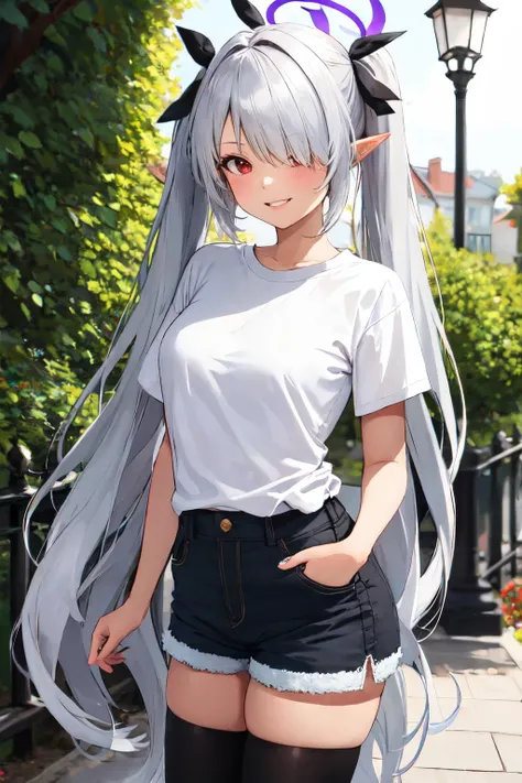 <lora:iori_ba:0.9>iori ba, 1girl, ribbon, simple background,very long hair, halo, solo, blush, looking at viewer, pointy ears,white background, standing, t shirt, shirt tucked in, denim shorts, black legwear, black footwear, parted lips, smile, outdoors, flower shop,lamppost,