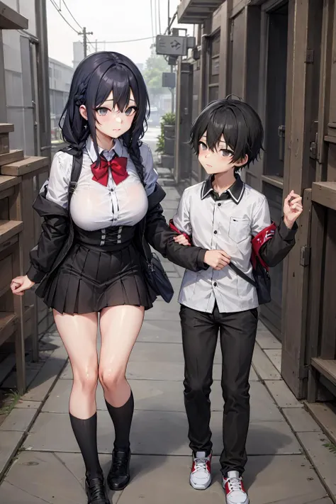 ( small breast), (black_hair:1.2), lineart, (ghibli), ((Best Quality)), ((Masterpiece)),((Absurdres)), beautiful detailed eyes,  leander \(azur lane\), high detailed_face,
(concept art), intricate,
,1boy, clothed sex, frottage,

mature female, 
black eyes, ((drill hair, )), baseball jersey, ((( skirt))),  alley, bags under eyes, black eyeshadow,drill hair, 

sister_and_little_brother, age difference, onee-shota, 1girl, 1boy, school uniform, running,

shoes,, black hair, sky, <lora:twoPersonLoraLora_sisterAndLittle:0.5>,