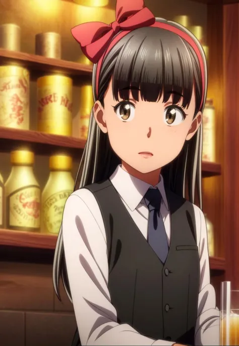 (masterpiece, top quality, best quality, official art, beautiful and aesthetic:1.4, photorealistic:1,4, ), cute:1.4, <lora:more_details:0.8>, 1girl,
black hair, brown eyes, <lora:HitomiMishimaR4:0.9>,HitomiMishimaR4, hair bow, black_necktie,black_vest,red bow, bar, behind bar, cocktail shaker,