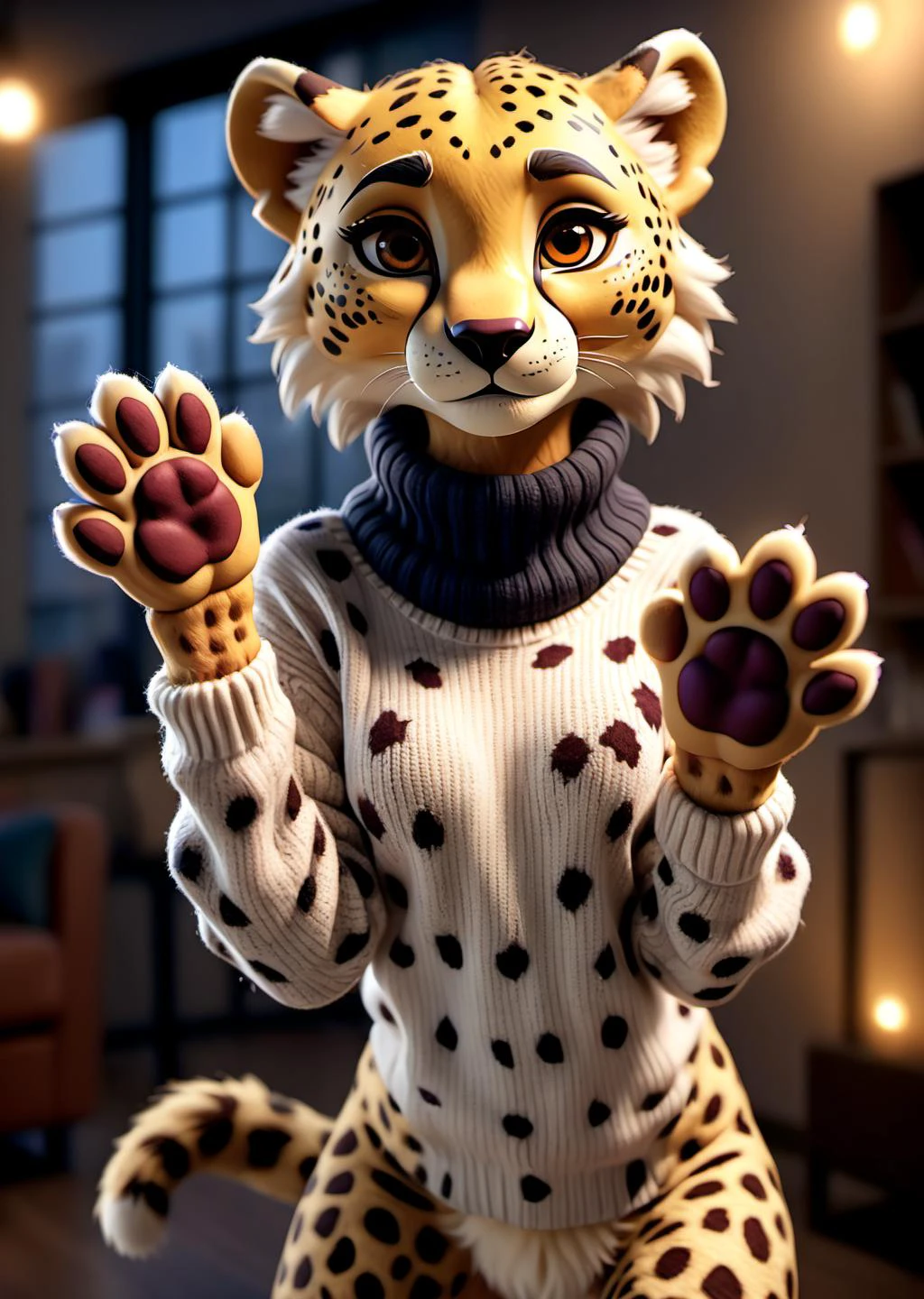 /ONE FOR ALL, imagine in (((epic-Ultra-HD-details, epic-Ultra-HD-detailed-details, epic-Ultra-HD-highlights, lit, physically-realistic)))
Closeup of an anthro furry cheetah female wearing a wool sweater, paws, paw pads towards viewer, high quality photography, 3 point lighting, flash with softbox, 4k, Canon EOS R3, hdr, smooth, sharp focus, high resolution, award winning photo, 80mm, f2.8, bokeh
\\ Made with ONE FOR ALL checkpoint by Chaos Experience @ https://civitai.com/user/ChaosExperience/ \\