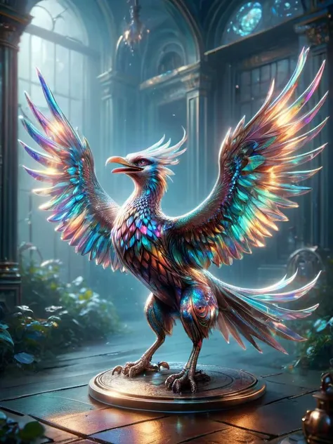 award winning photograph of a magical glowing harpies with screeching laughter made of ais-rdscnt in wonderland, whimsical, fantasy art concept, steampunk, intricate details, best quality, masterpiece, ultra sharp, hyper realistic, realism, <lora:Iridescent:1>