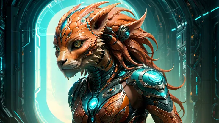 by theo el, .fierce female  alien cyborg, organic manticore features, .(art and illustration, complex patterns:1.4).(fantastic, imaginative, beautiful, intricate details, masterpiece, best quality:1.4),.dynamic pose, cinematic full body shot,.muted light orange and cyan color palette, .soft volumetric lighting,.<lora:add-detail-xl:1.0> <lora:xl_more_art-full_v1:0.7> <lora:Scaleborn_SDXL:0.8>.