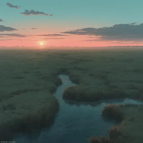landscape of a Level Plain Aqua and Coral Men,ion, at Sunrise, [ (art by Herbert List:1.0) , Jakub Schikaneder::9], Visual novel, Happy, concept art