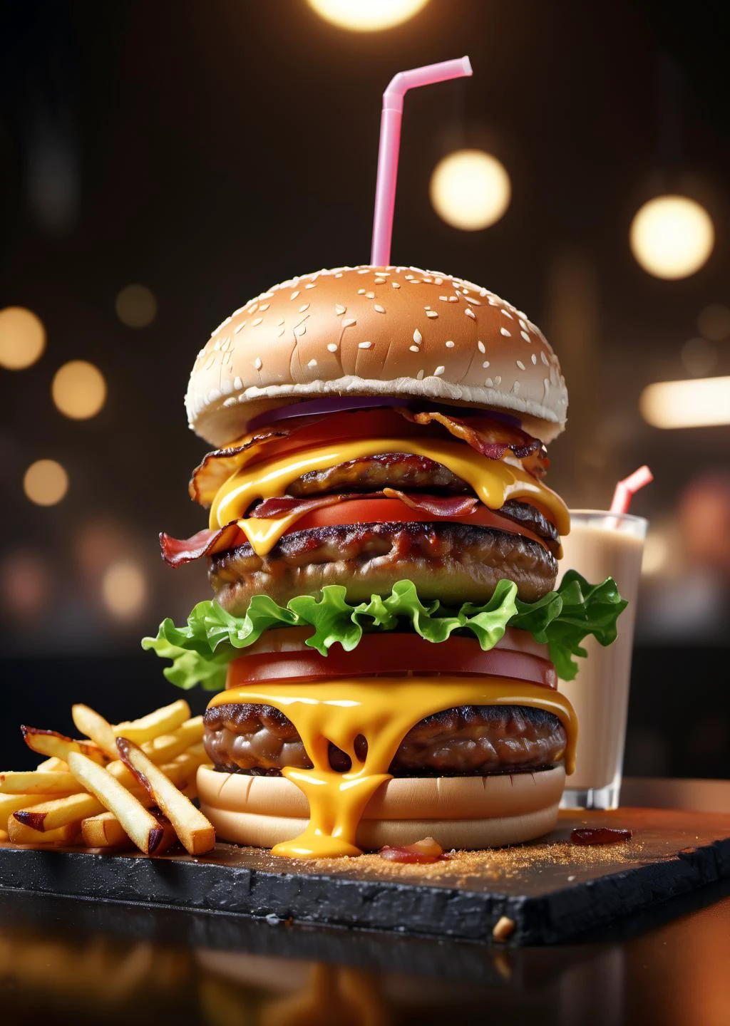 /ONE FOR ALL, imagine in (((epic-Ultra-HD-details, epic-Ultra-HD-detailed-details, epic-Ultra-HD-highlights, lit, physically-realistic)))
A magazine photograph of an incredible hamburger made by Chef Gordan Ramsey, still hot from the grill with lightly-melted cheese & juicy glistening bacon & toasted sesame bun & thick juicy burger & fresh tomato slices & glistening lettuce & caramelized onions with a side of seasoned glistening hot golden-browned fries & a fancy milkshake in a tall glass, trending & awarded photo by the acclaimed photographer, bokeh, f1.8, cinematic lighting, centered composition
\\ Made with ONE FOR ALL checkpoint by Chaos Experience @ https://civitai.com/user/ChaosExperience/ \\