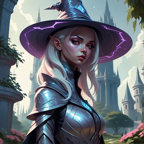 designed by james jean, wlop, ross tran, michael whelan, alena aenami and android jones, garden, Good Serious ([Tori Kelly:Daedra:3]:1.3) wearing wizard outfit and wizard hat, background is wizard tower, her hair is Retrofuturistic, Simple and clean, Sad, Indirect light, close-up
