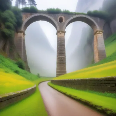 abstract art by Kubisi Art, vibrant art, nature, landscape of a Revealing (The Oracle of Delphi:1.2) from inside of a Viaduct, Foggy conditions, Lonely, fairy tale, Motion blur