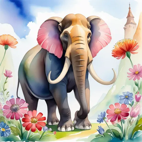 stylized by Beatrix Potter, watercolor art, wide angle of a (Mastodon:1.1) , Futuristic, Masai flowers, Fairy-Tale, Geometric Abstract Art, Selective focus