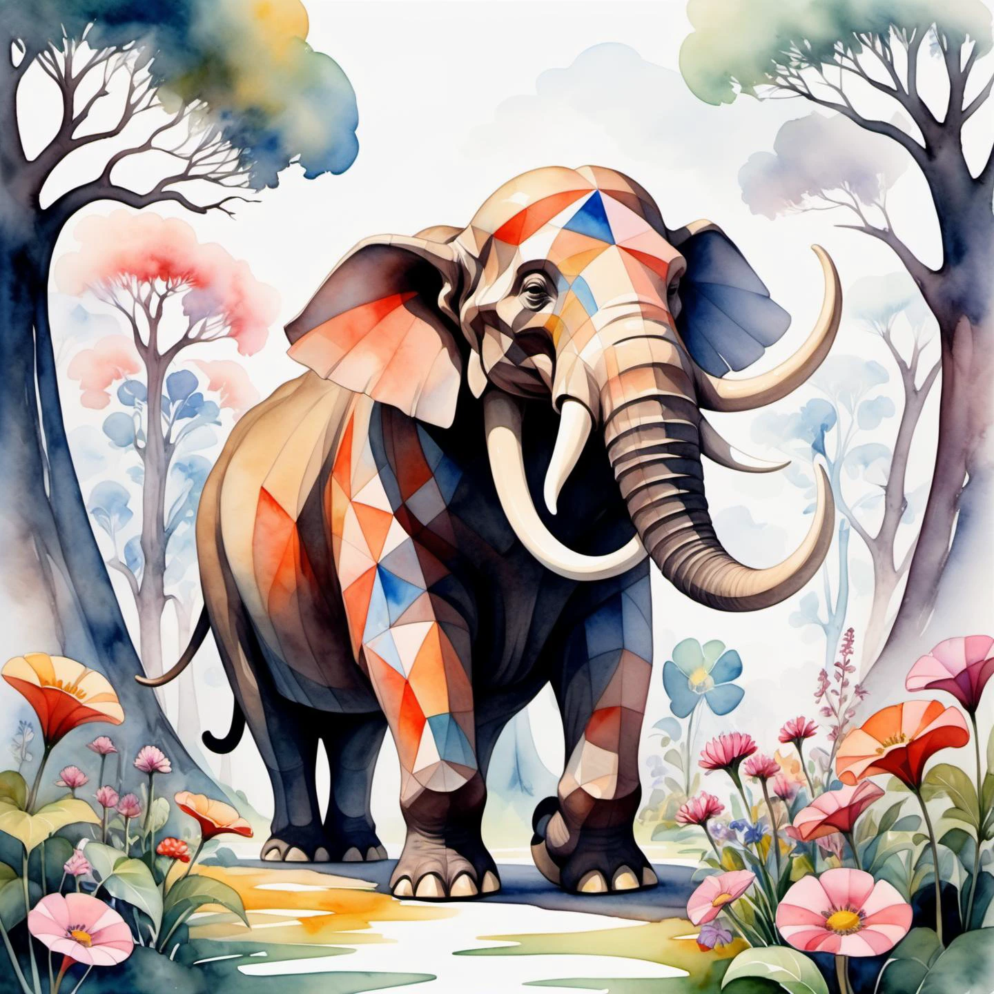 stylized by Beatrix Potter, watercolor art, wide angle of a (Mastodon:1.1) , Futuristic, Masai flowers, Fairy-Tale, Geometric Abstract Art, Selective focus