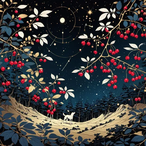 (colorful art stylized by Hashimoto GahÅ:0.7) , ukiyo-e art, desolate forest, majestic, Baroque Wanderlust dark white Egyptian (lingonberries:1.3) , Golden ratio, Canis Major constellation background, at Nighttime, F/2.8, sfumato, extremely beautiful