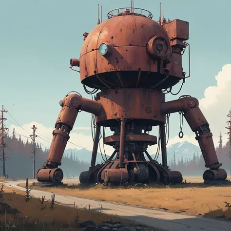 (canyons:1.5) where several rusty (biomechanical machines:1.3) (barren:1.3) in the style of (Simon Stalenhag:1.2)