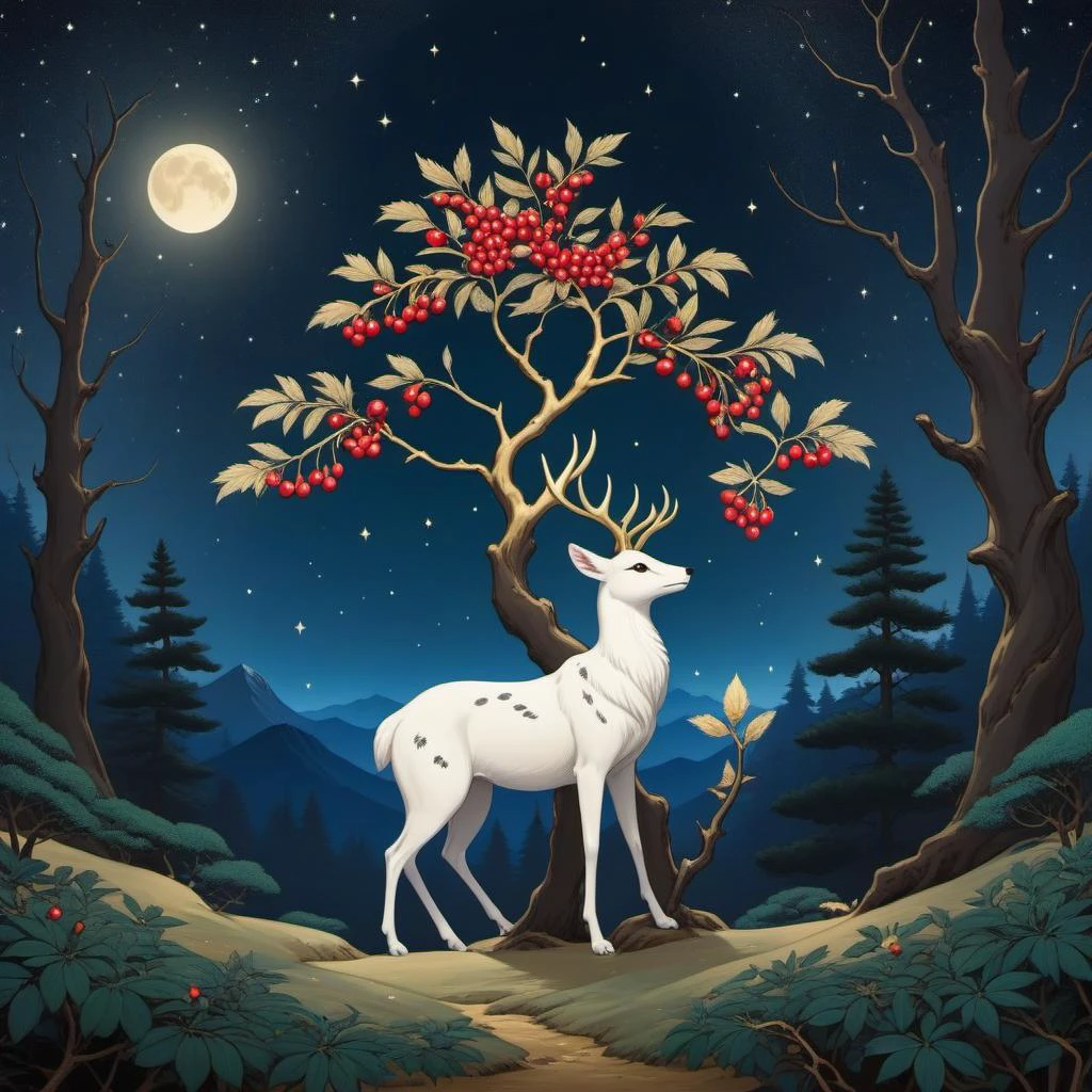 (colorful art stylized by Hashimoto GahÅ:0.7) , ukiyo-e art, desolate forest, majestic, Baroque Wanderlust dark white Egyptian (lingonberries:1.3) , Golden ratio, Canis Major constellation background, at Nighttime, F/2.8, sfumato, extremely beautiful