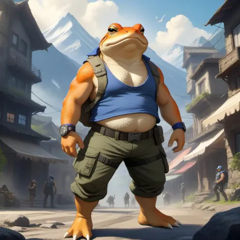 (art by Edward OkuÅ:1.1) , (Toad:1.2) , the Toad is Attractive and Thundering, it is wearing a Apocalyptic Cargo pants and tank top that was designed by Bungie, It is Worn-Out, mountains, 50mm, cityscape