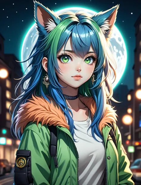 (1girl, solo:1.4), (multicolored hair:1.2), (blue hair:1.2), long hair, streaked hair, halo, looking at viewer, animal ears, green eyes, earring, blue jacket, choker, upper body, floating hair, open jacketnight, full moon, outdoors, ((anime:1.4)), 35mm, intricate details, hdr, intricate details, Detailed Fluffy Fur, hyperdetailed, natural fur texture, hyperrealism, sharp(hyperrealistic, cinematic light, depth of field)