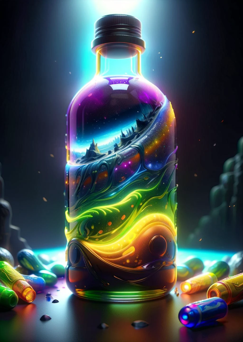 /ONE FOR ALL, imagine in (((epic-Ultra-HD-details, epic-Ultra-HD-detailed-details, epic-Ultra-HD-highlights, lit, physically-realistic)))
the entire observable universe in a single bottle, Dreamlike, Surreal landscapes, Mystical creatures, Twisted reality, Surreal still life, (Extremely Detailed Oil Painting:1.2), glow effects, god rays, Hand drawn, render, 8k, cartoon, octane render, cinema 4d, blender, dark, atmospheric 4k ultra detailed, cinematic sensual, Sharp focus, humorous illustration, big depth of field, Masterpiece, colors, 3d octane render, 4k, concept art, trending on artstation, hyper realistic, Vivid colors, extremely detailed CG unity 8k wallpaper, trending on ArtStation, trending on CGSociety, Intricate, High Detail, dramatic, (masterpiece), (best quality), (ultra-detailed), (unreal engine), (octane render), (HDR)
\\ Made with ONE FOR ALL checkpoint by Chaos Experience @ https://civitai.com/user/ChaosExperience/ \\